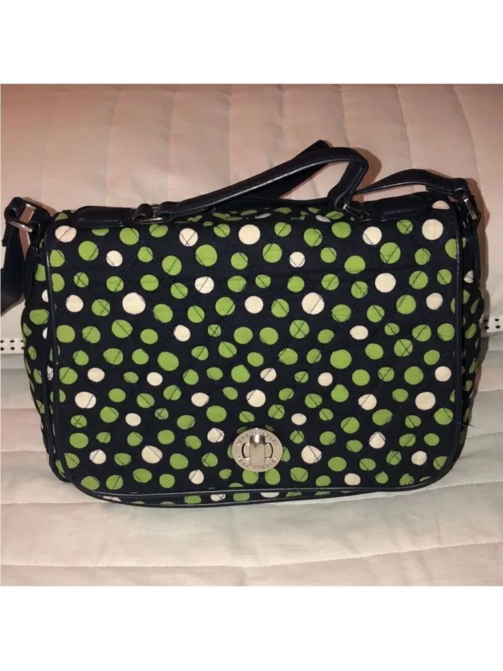 Vera Bradley Lucky You Navy Green & White Polka Quilted Leather Combo Crossbody